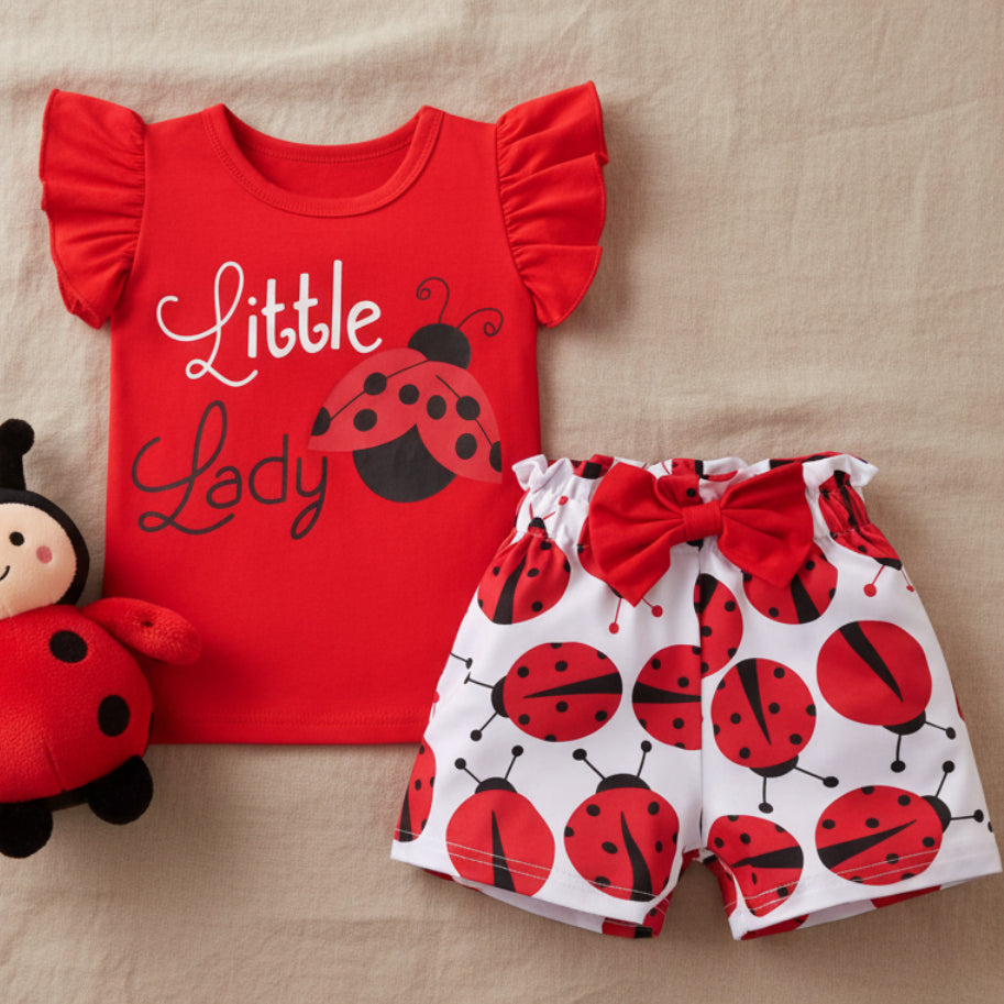 Conjunto de Dos Piezas: Camiseta Roja "Little Lady" y Short con Estampado de Mariquitas