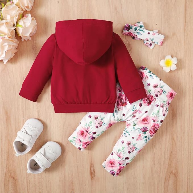 Conjunto de Suéter con Capucha, Pantalón Floral y Diadema (R)
