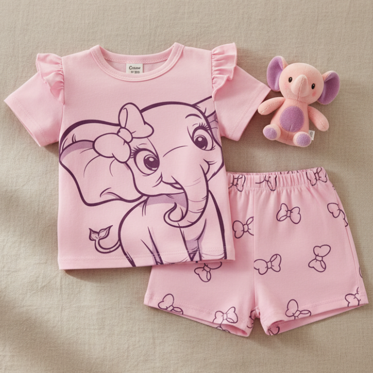 Conjunto de Elefantita Coqueta con Shorts de Lazos (2 Piezas)