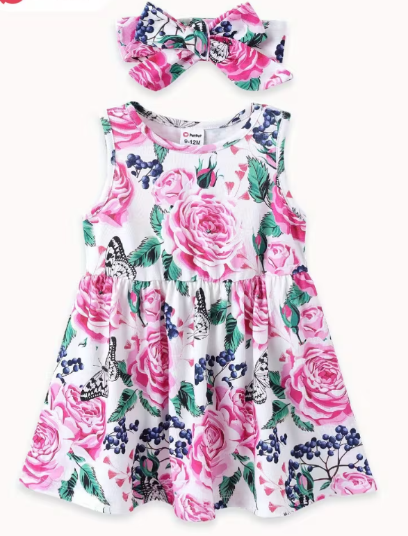 Conjunto de Vestido Floral con Mariposas, Torera Rosada y Diadema (3 piezas)