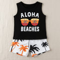 Conjunto Playero de Camiseta "Aloha Beaches" y Short de Palmeras (2 piezas)