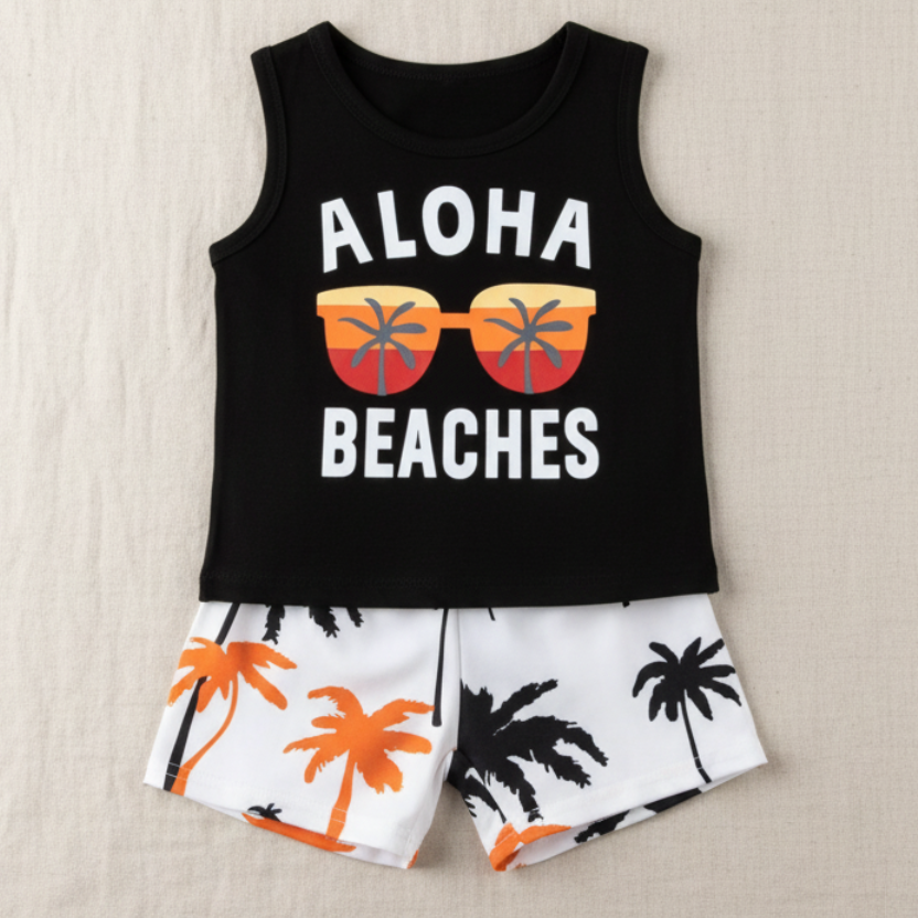 Conjunto Playero de Camiseta "Aloha Beaches" y Short de Palmeras (2 piezas)