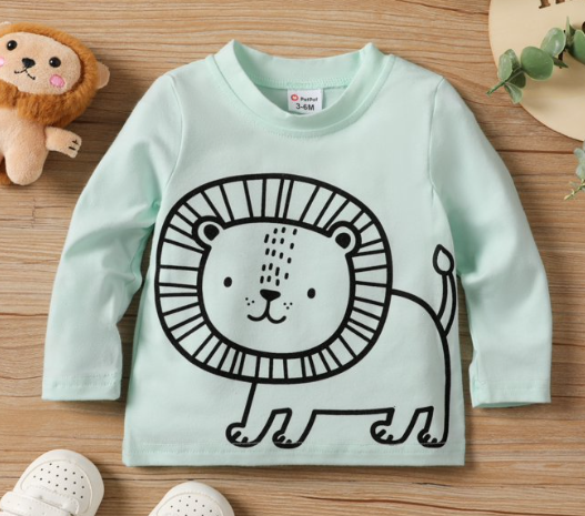Camiseta de Manga Larga Verde Menta con León Lineal (1 pieza)