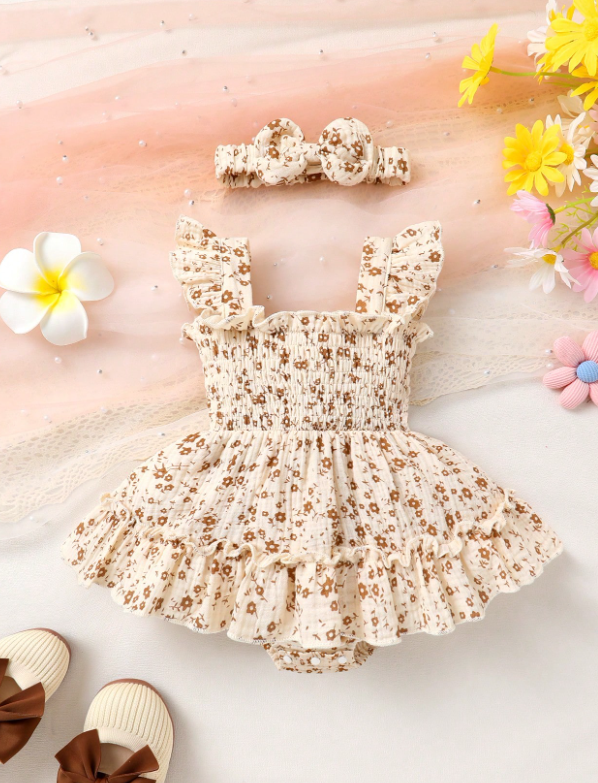 Conjunto Floral para Bebé Niña con Vestido y Diadema – 2 Piezas