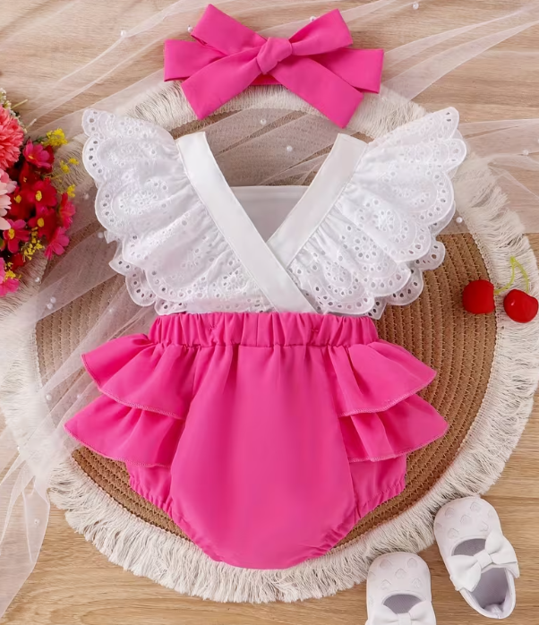 Body de Verano para Bebé Niña con Bordado de Cerezas y Diadema