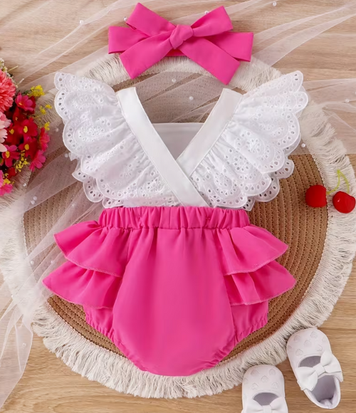 Body de Verano para Bebé Niña con Bordado de Cerezas y Diadema