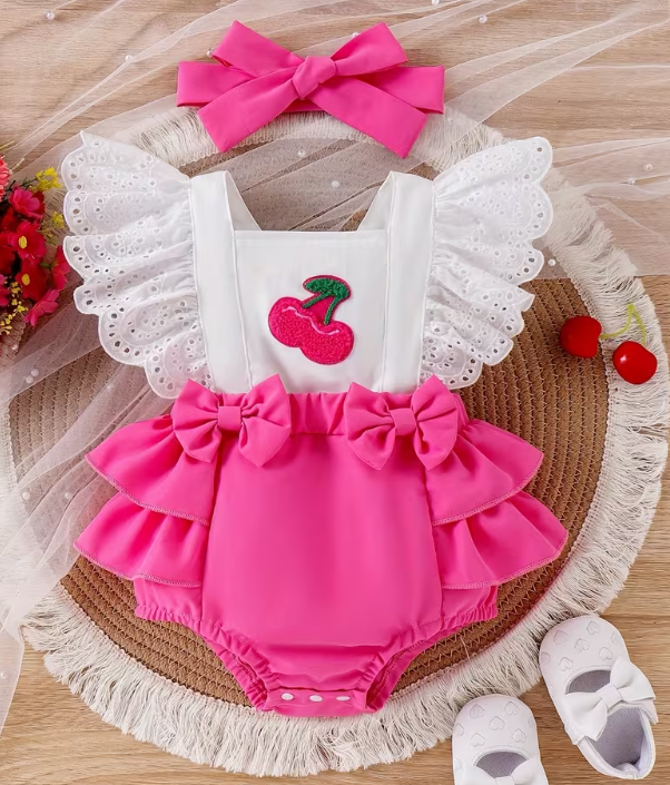 Body de Verano para Bebé Niña con Bordado de Cerezas y Diadema
