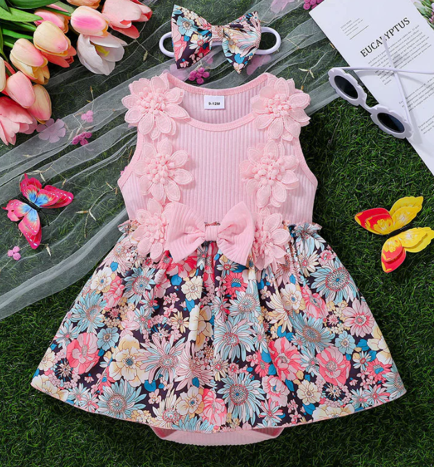 Vestido Mameluco para Bebé Niña con Encaje y Diadema
