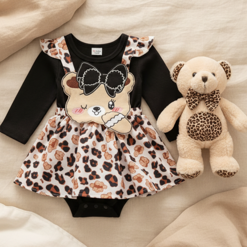 Conjunto para Bebé Niña con Body y Vestido Bordado de Osito – 2 Piezas