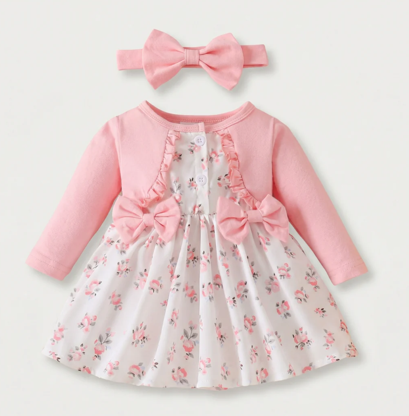 Vestido Floral para Bebé Niña con Lazos y Diadema – 2 Piezas