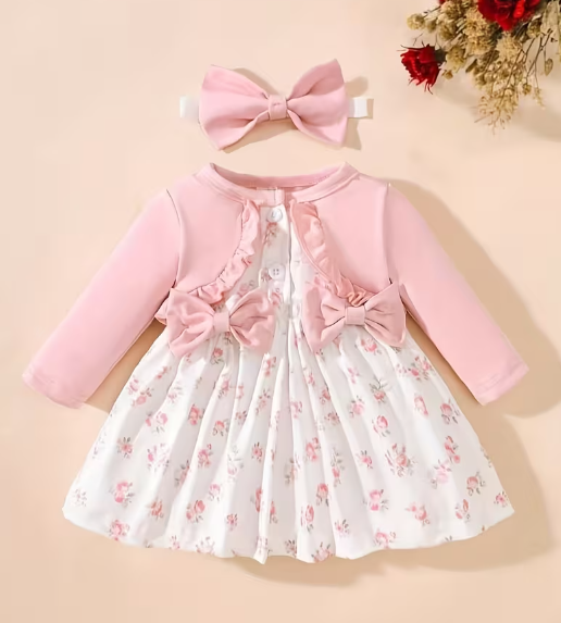 Vestido Floral para Bebé Niña con Lazos y Diadema – 2 Piezas