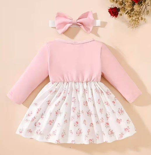 Vestido Floral para Bebé Niña con Lazos y Diadema – 2 Piezas