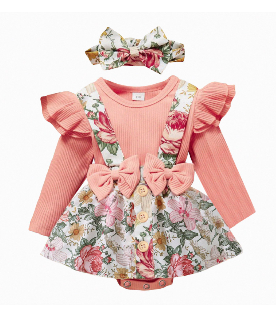 Conjunto para Bebé Niña con Body de Volantes y Vestido Tipo Overall – 2 Piezas