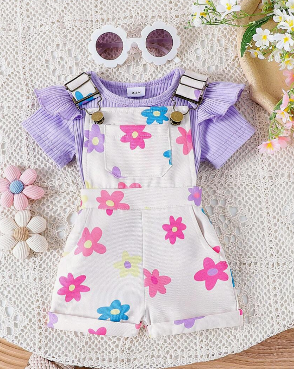 Conjunto de Verano para Bebé Niña con Body Acanalado y Short Tipo Overol – 2 Piezas