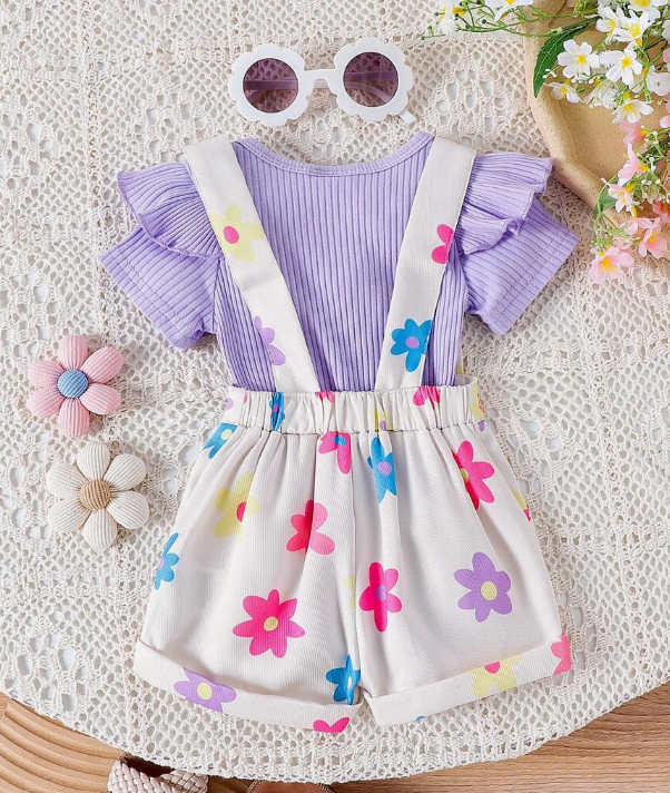 Conjunto de Verano para Bebé Niña con Body Acanalado y Short Tipo Overol – 2 Piezas