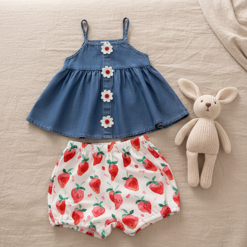Conjunto de 2 Piezas para Bebé Niña con Top de Mezclilla y Short de Fresas