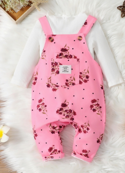 Conjunto Floral para Bebé Niña con Mameluco Tipo Overol y Body – 2 Piezas