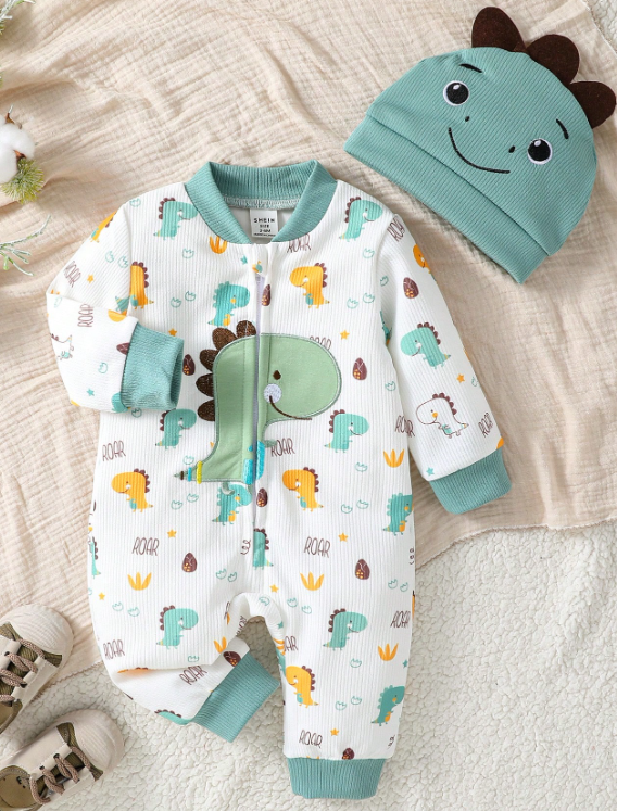 Mameluco para Bebé Niño con Estampado de Dinosaurio y Gorro