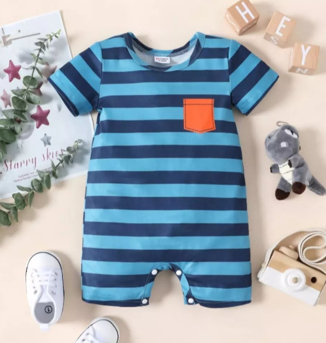 Enterizo Rayado Azul Turquesa con Bolsillo Naranja
