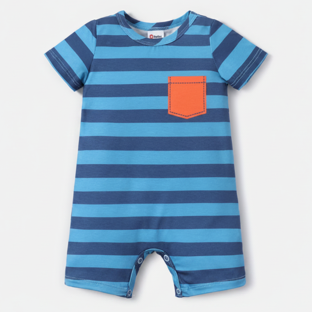 Enterizo Rayado Azul Turquesa con Bolsillo Naranja