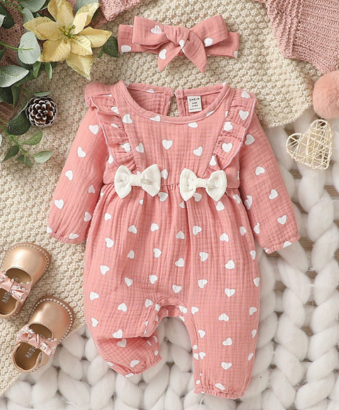 Mameluco de Corazones para Bebé con Diadema de Moño