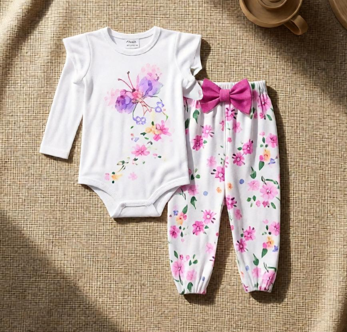 Conjunto de Mameluco de Mariposa y Pantalón Floral