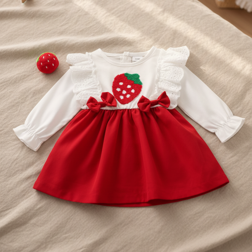 Vestido de Fresita Manga Larga con Encaje