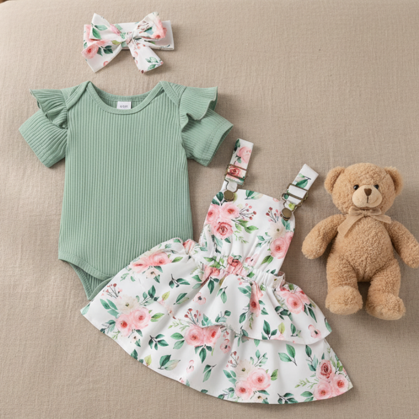 Conjunto de Mameluco, Falda de Overol Floral y Diadema (3 Piezas)