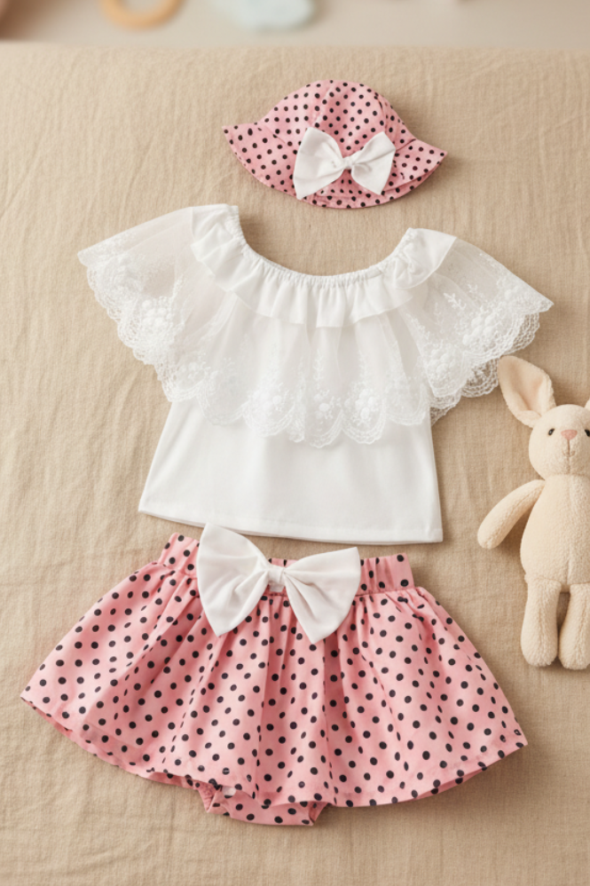 Conjunto de Lunares con Blusa de Encaje y Gorrito (3 Piezas)