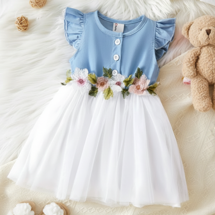 Vestido Azul Cielo con Falda de Tul y Flores Bordadas