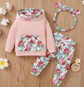 Conjunto de Suéter con Capucha, Pantalón Floral y Diadema (3 Piezas)