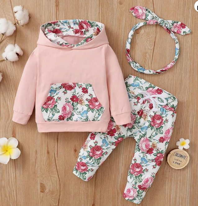 Conjunto de Suéter con Capucha, Pantalón Floral y Diadema (3 Piezas)