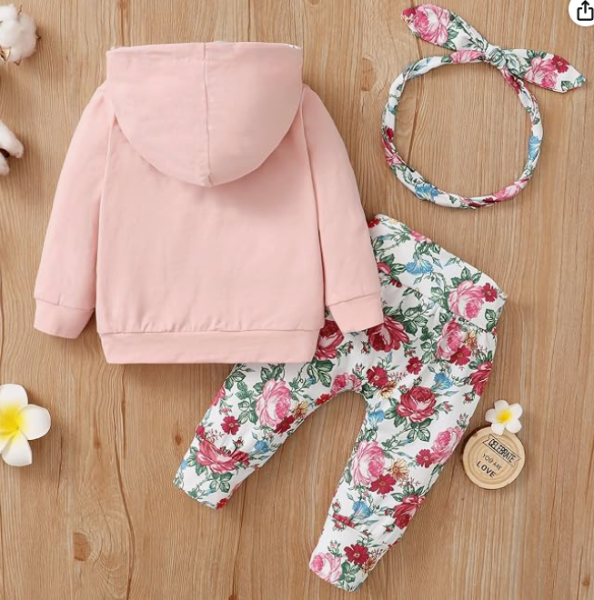 Conjunto de Suéter con Capucha, Pantalón Floral y Diadema (3 Piezas)