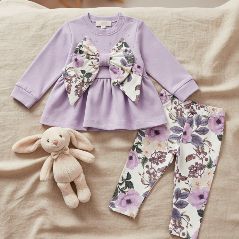 Conjunto Lila Elegante de Túnica con Lazo Gigante y Leggings (2 Piezas)