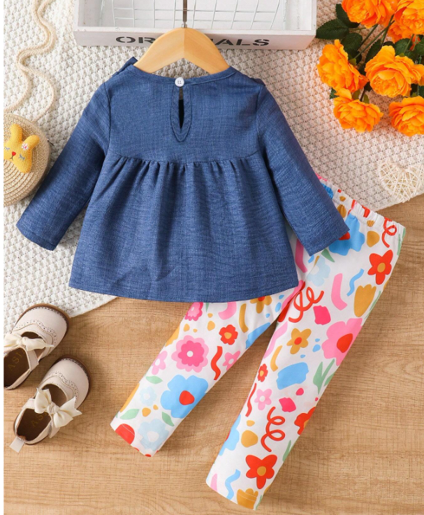 Conjunto Set de Túnica Azul con Flores Bordadas y Leggings Retro (2 Piezas)