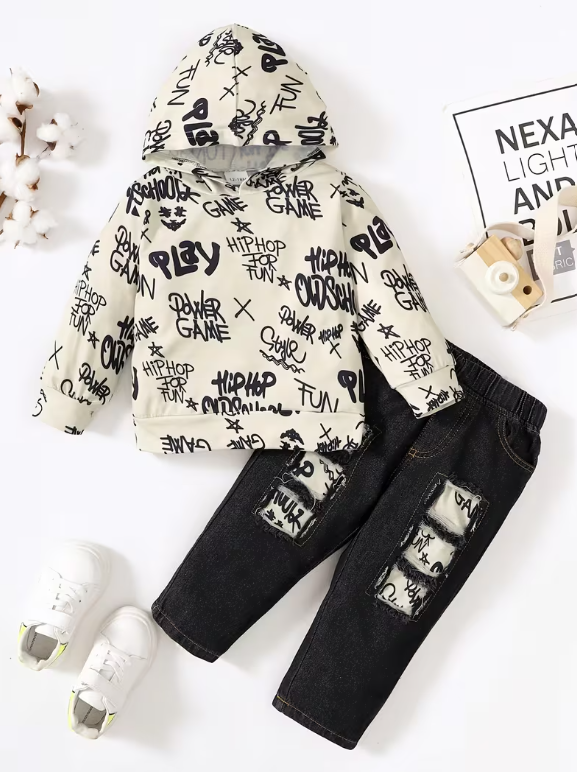 Conjunto Urbano Hip-Hop de Sudadera con Capucha y Jeans Rotos (2 Piezas)