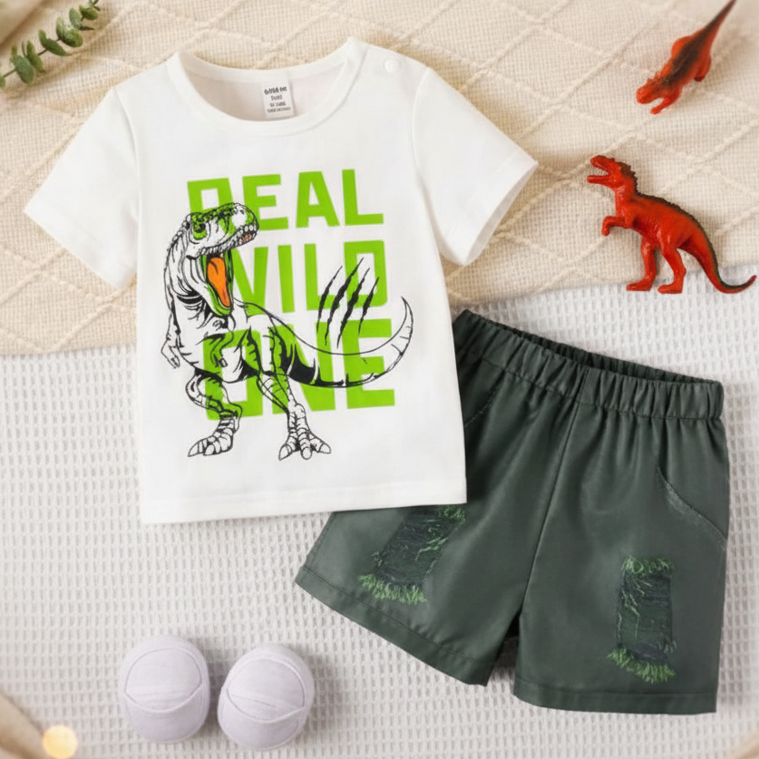 Conjunto de Dinosaurio "Real Wild One" con Shorts Verde Oliva (2 Piezas)