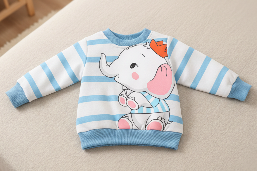 Sudadera Infantil de Elefantito con Corona y Rayas Celestes