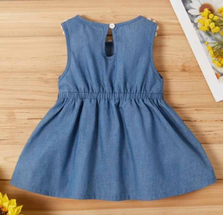 Vestido Denim Ligero Sin Mangas con Cuello de Margaritas