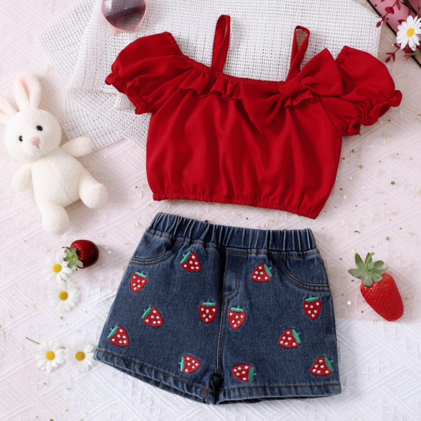 Conjunto de Dos Piezas: Crop Top Rojo con Lazo y Short Denim con Bordado de Fresitas