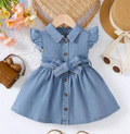 Vestido Denim Estilo Camisero con Mangas de Bobos y Cinturón de Lazo