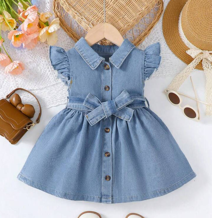 Vestido Denim Estilo Camisero con Mangas de Bobos y Cinturón de Lazo