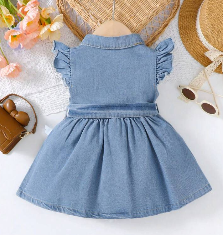 Vestido Denim Estilo Camisero con Mangas de Bobos y Cinturón de Lazo