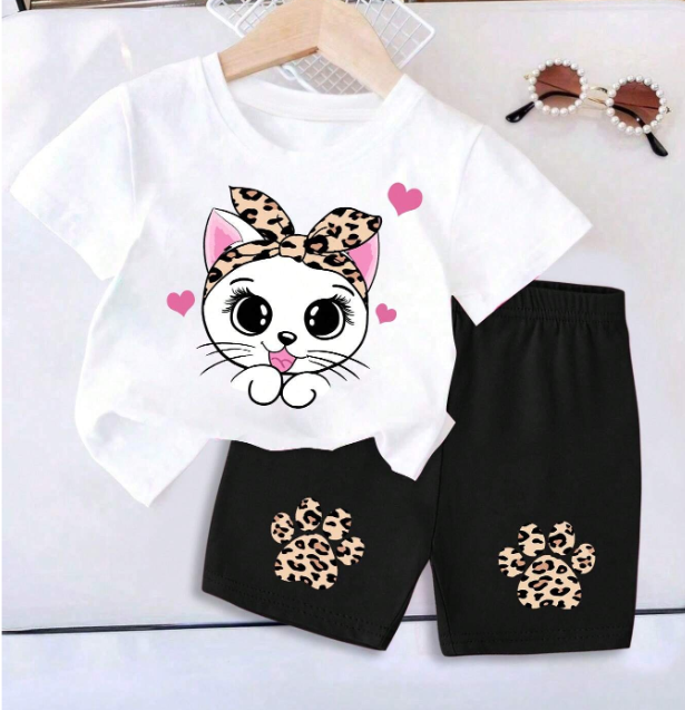 Conjunto de Dos Piezas: Camiseta de Gatita y Short Negro con Huellitas