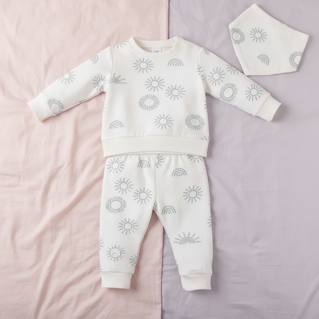 Conjunto de Sudadera, Pantalón y Babero con Estampado de Soles (3 piezas)