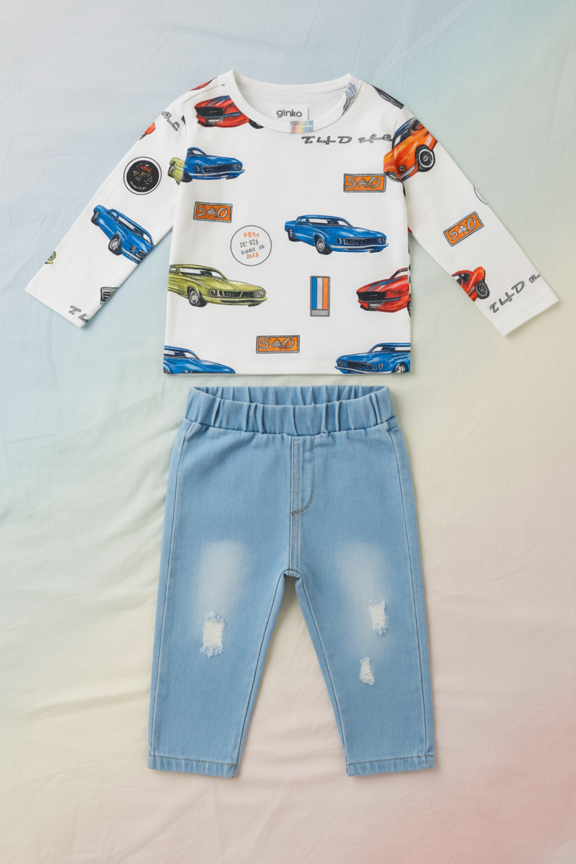 Conjunto de Camiseta de Autos Clásicos y Pantalón Tipo Jean (2 piezas)