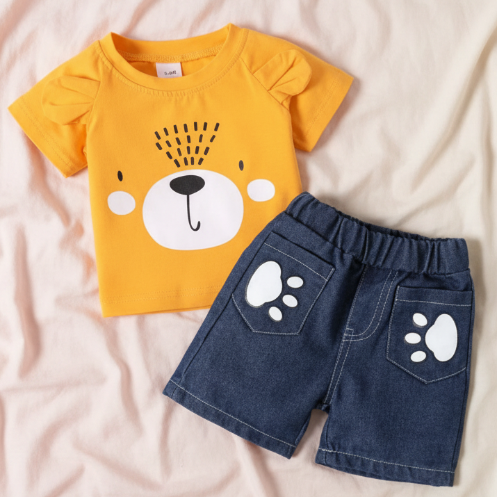 Conjunto de Camiseta de Osito y Short Tipo Jean con Huellitas (2 piezas)
