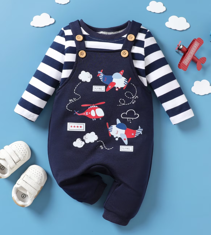 Conjunto de Jardinera Entera de Aviones y Camiseta a Rayas (2 piezas)