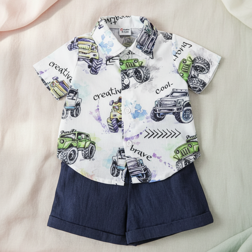 Conjunto de Camisa de Camiones Monstruo y Short Azul Marino (2 piezas)