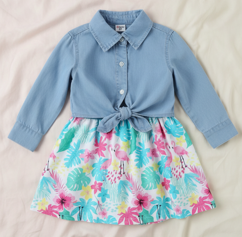 Conjunto de Vestido Tropical y Camisa de Mezclilla (2 piezas)